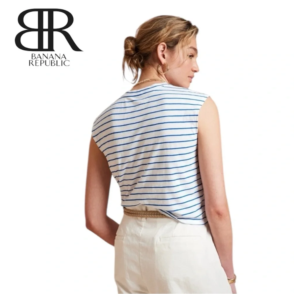 NWT Banana Republic Blue White Sleeveless Tee with Tie Front - Picture 3 of 12